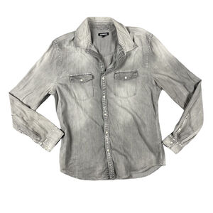 Express Women's Grey Acid Wash Denim Western Shirt Pearl Snap Large
